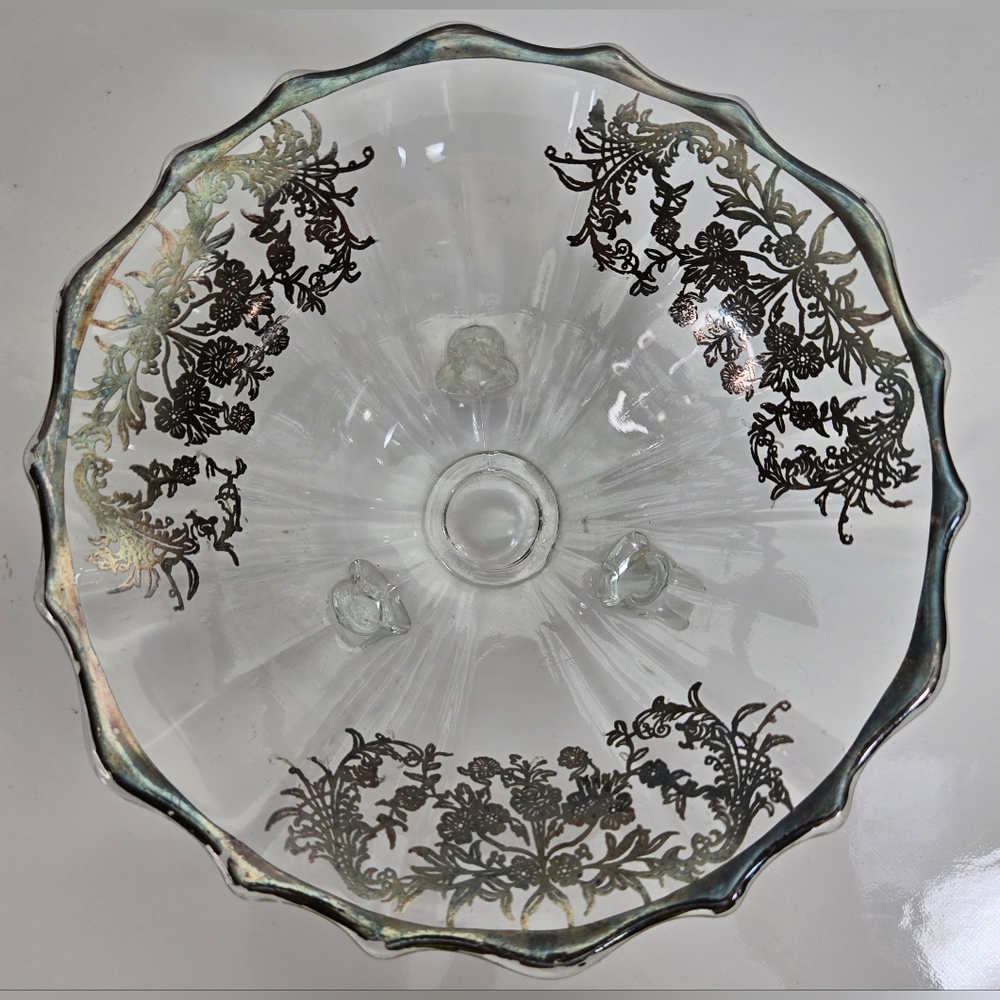 Vintage Silver City Glass 3 Footed‎ Bowl With Floral Silver Overlay - Picture 4 of 7